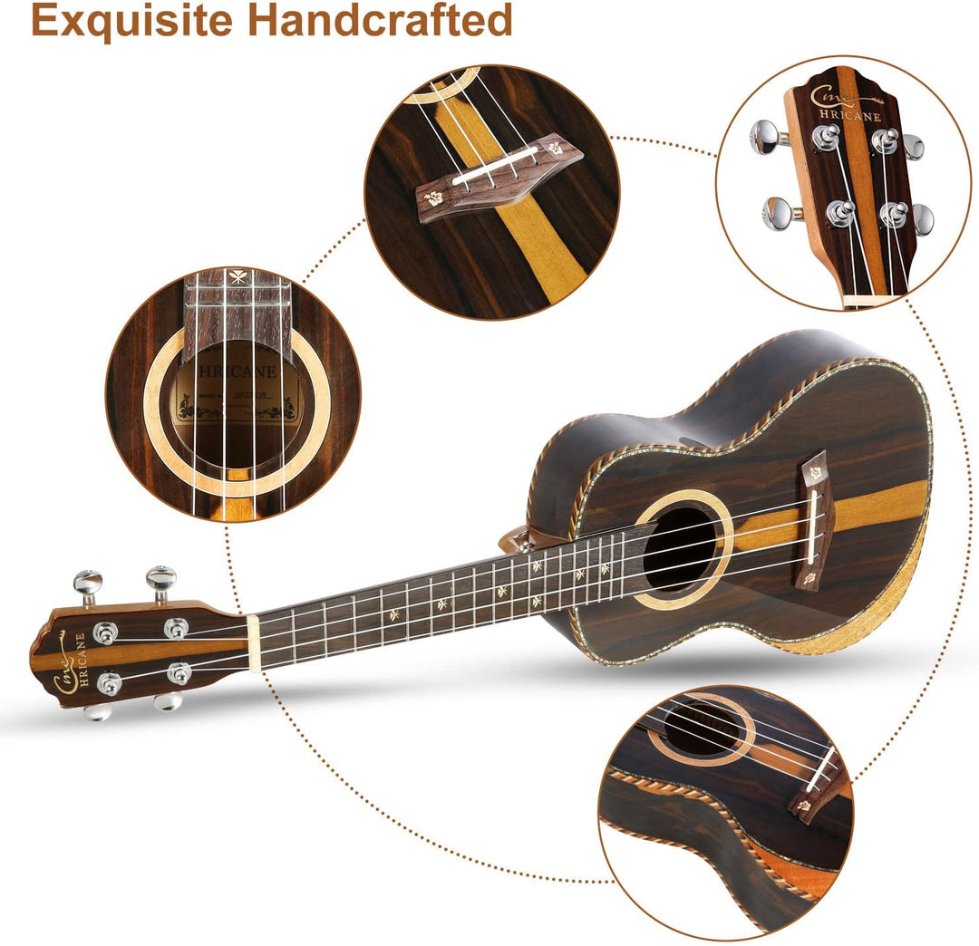 Hricane Konzert-Ukulele Ziricote 23 Zoll Profi Hawaii Ukulelen für Anfänger mit Gigbag Strap Strings