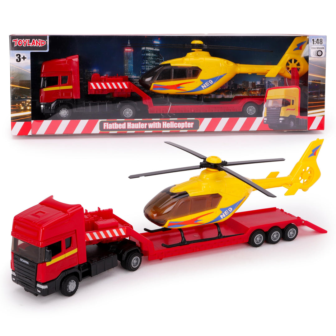 Toyland® Scania Pritschenschlepper mit Hubschrauber - Massstab 1:48 - Freilauf - Transportspielzeugs