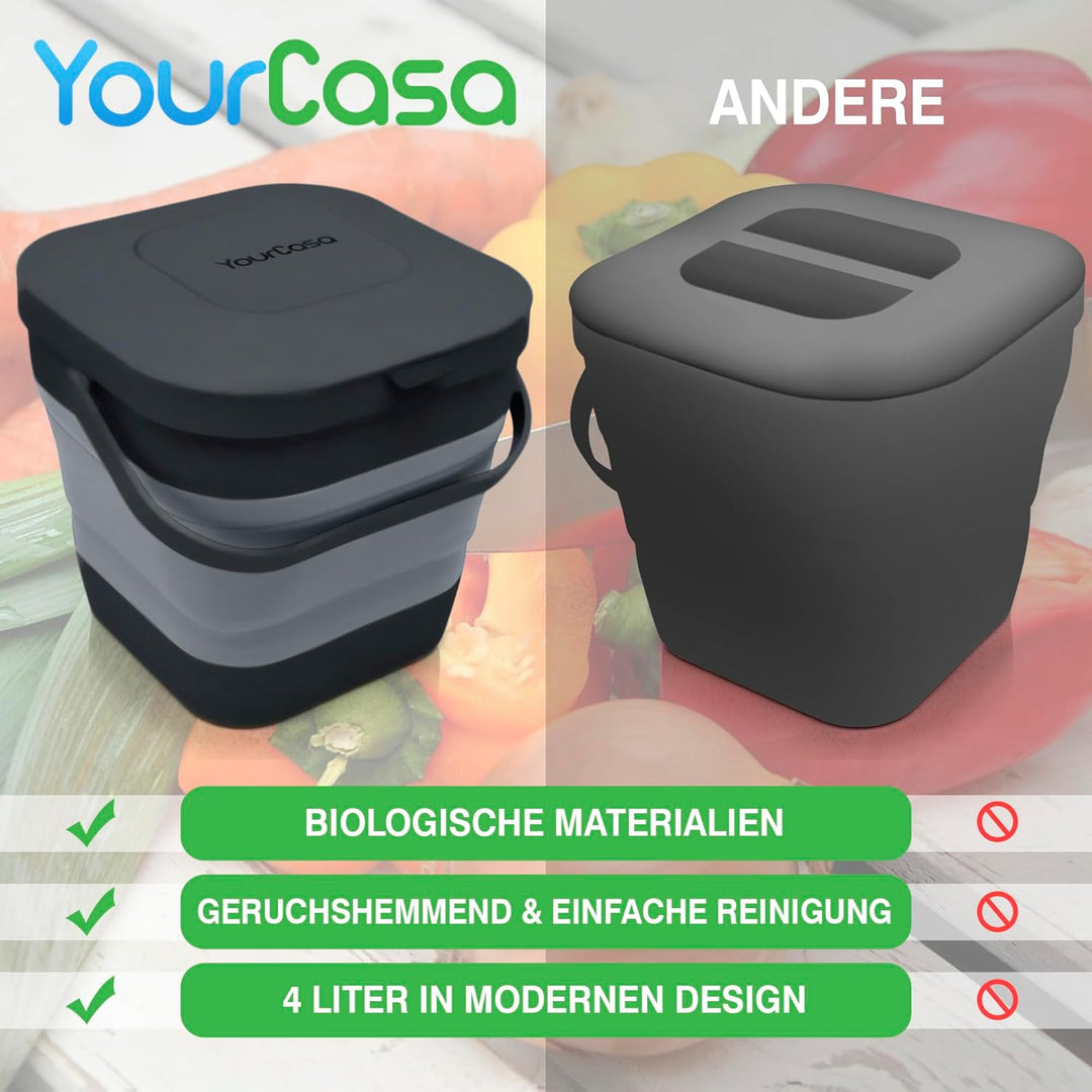 YourCasa® Faltbarer Biomülleimer 4L - kompakter Bio Mülleimer mit geruchsdichtem Aktivkohlefilter-De