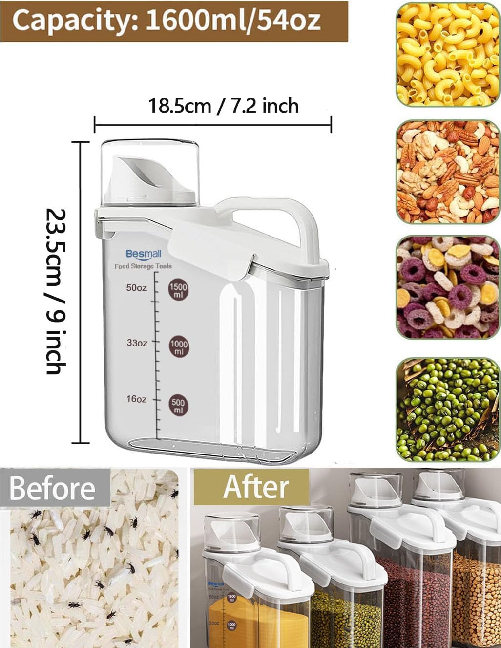 Besmall 1500ML Lebensmitteleimer Set mit Messbecher Handheld Küche Getreide Lagerung Vorratsgläser m