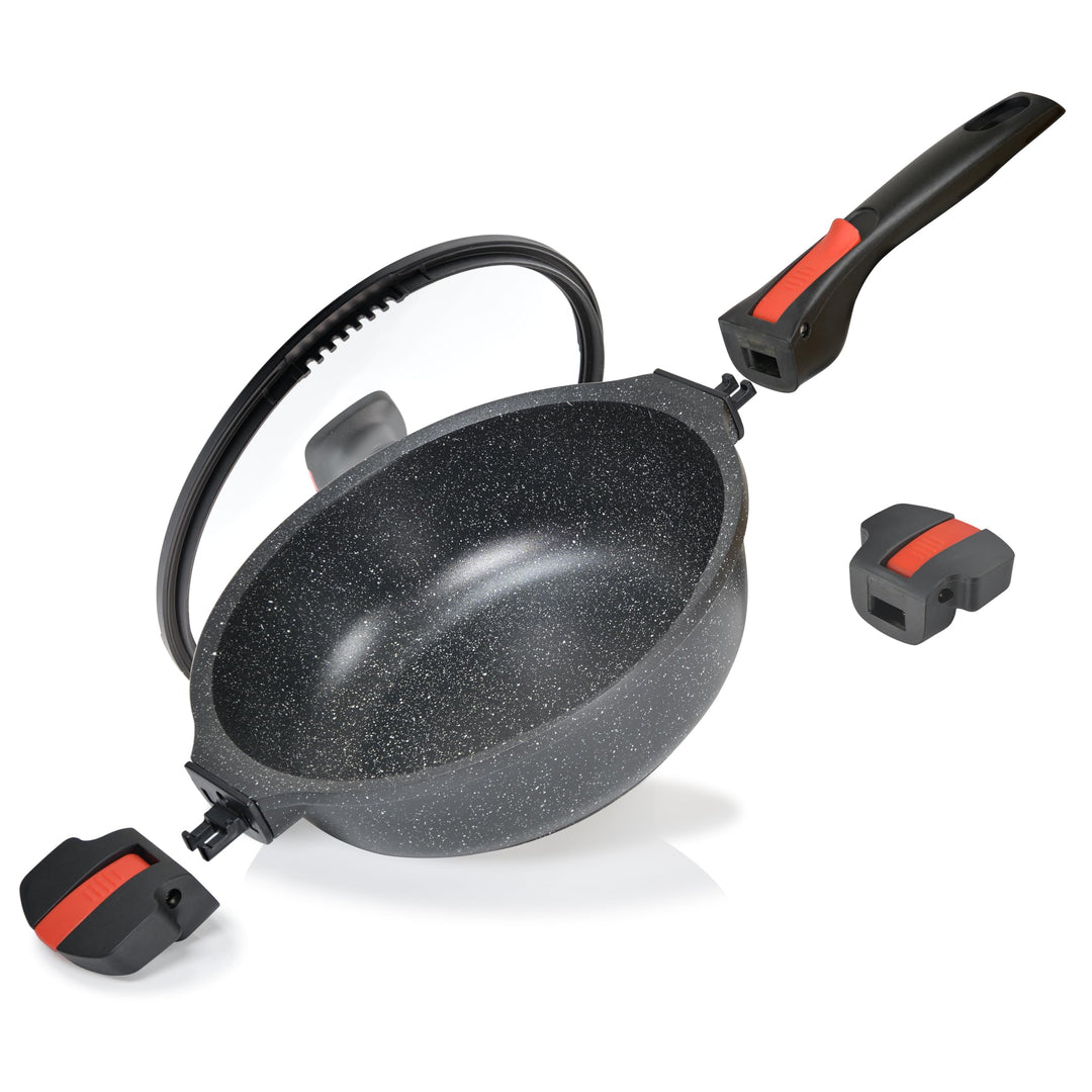 Linnuo Schmorpfanne Bratpfanne 24 cm hoher Rand, Aluguss Pfanne mit Deckel 24cm, abnehmbare Griffe,