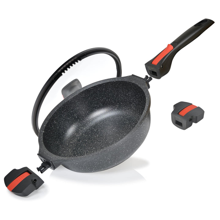 Linnuo Schmorpfanne Bratpfanne 24 cm hoher Rand, Aluguss Pfanne mit Deckel 24cm, abnehmbare Griffe,