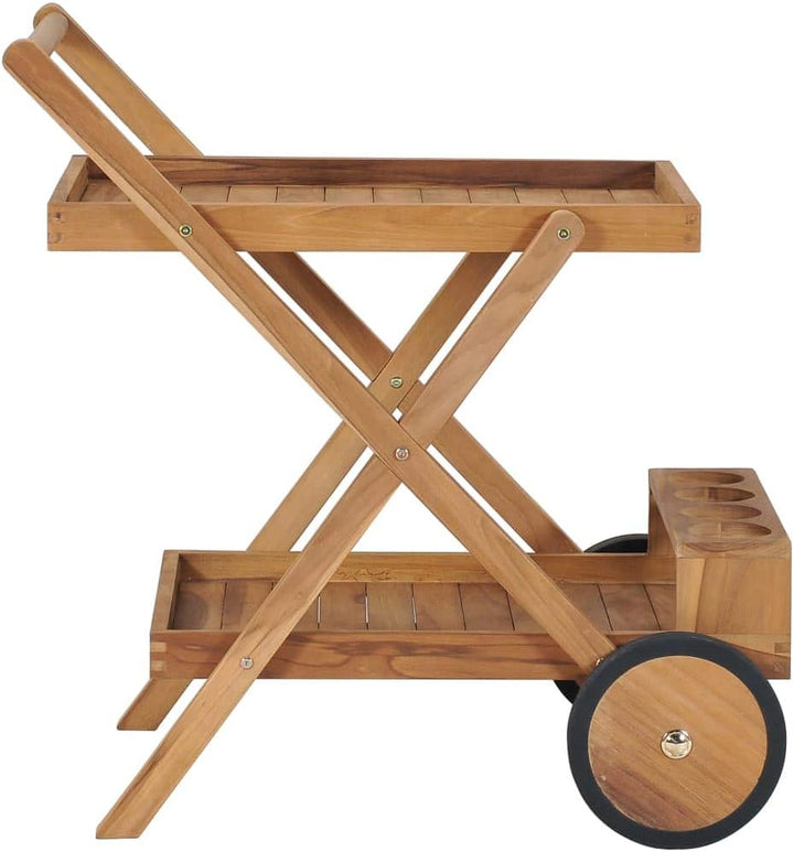 Teewagen Massivholz Teak mit Ablageflächen und Flaschenhalter, kompakter Servierwagen aus robustem T