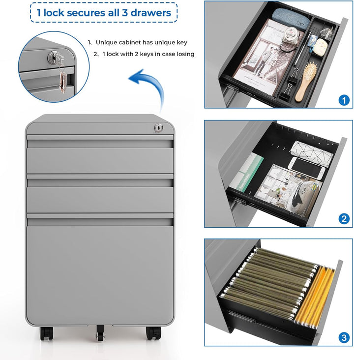 Dripex Metall Rollcontainer Stahl Rollcontainer mit 3 Schubladen oder 2 Schubladen, Abschliessbarer