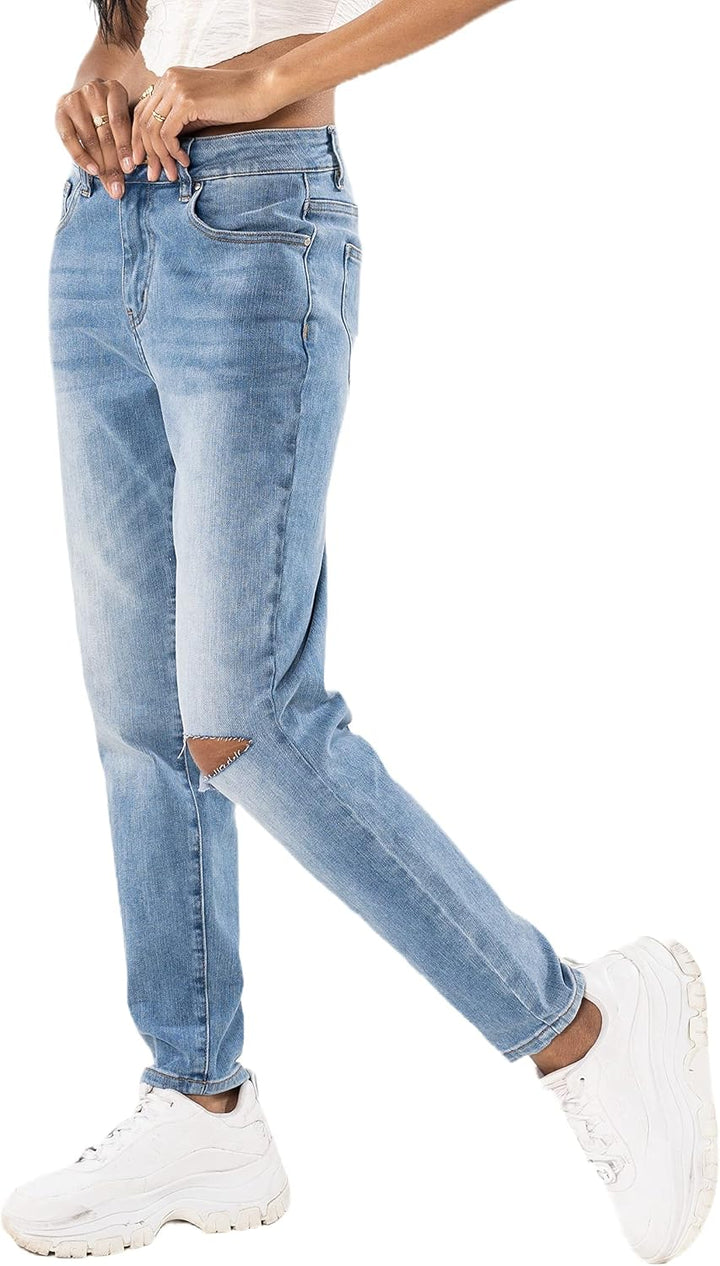 Nina Carter Damen Boyfriend Jeanshosen High Waist MOM Jeans Cutted Knee Used-Look Waschungseffekt XS