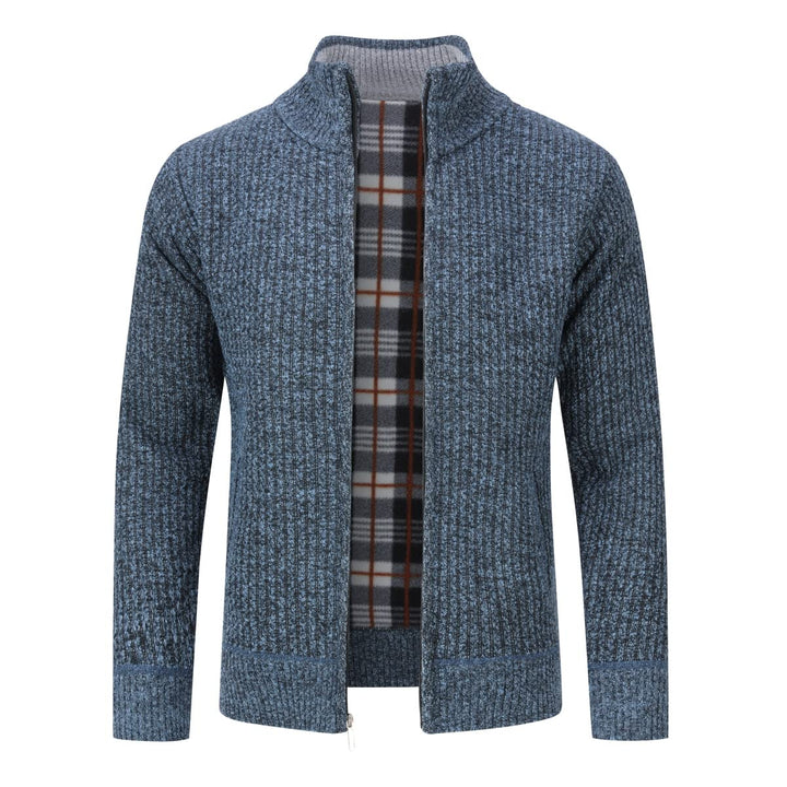 Herren Cardigan Grobstrick Reissverschluss Strickjacke mit Stehkragen Winter Pollover Knitted, Blau&