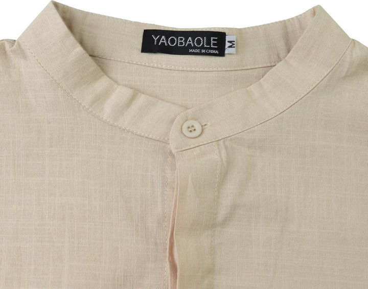 YAOBAOLE Leinenhemd für Herren, Casual, Sommerhemd, leicht, lange Ärmel, Knöpfe, Mao-Kragen, Strand,