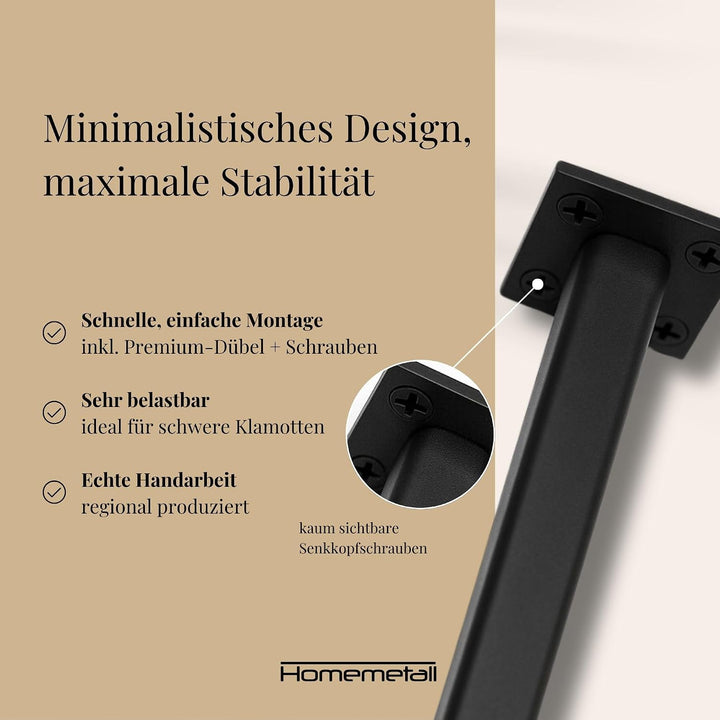 Kleiderstange L-Form schwarz aus Metall - Garderobenstange L-Form 50 kg Traglast - Kleiderstange Eck