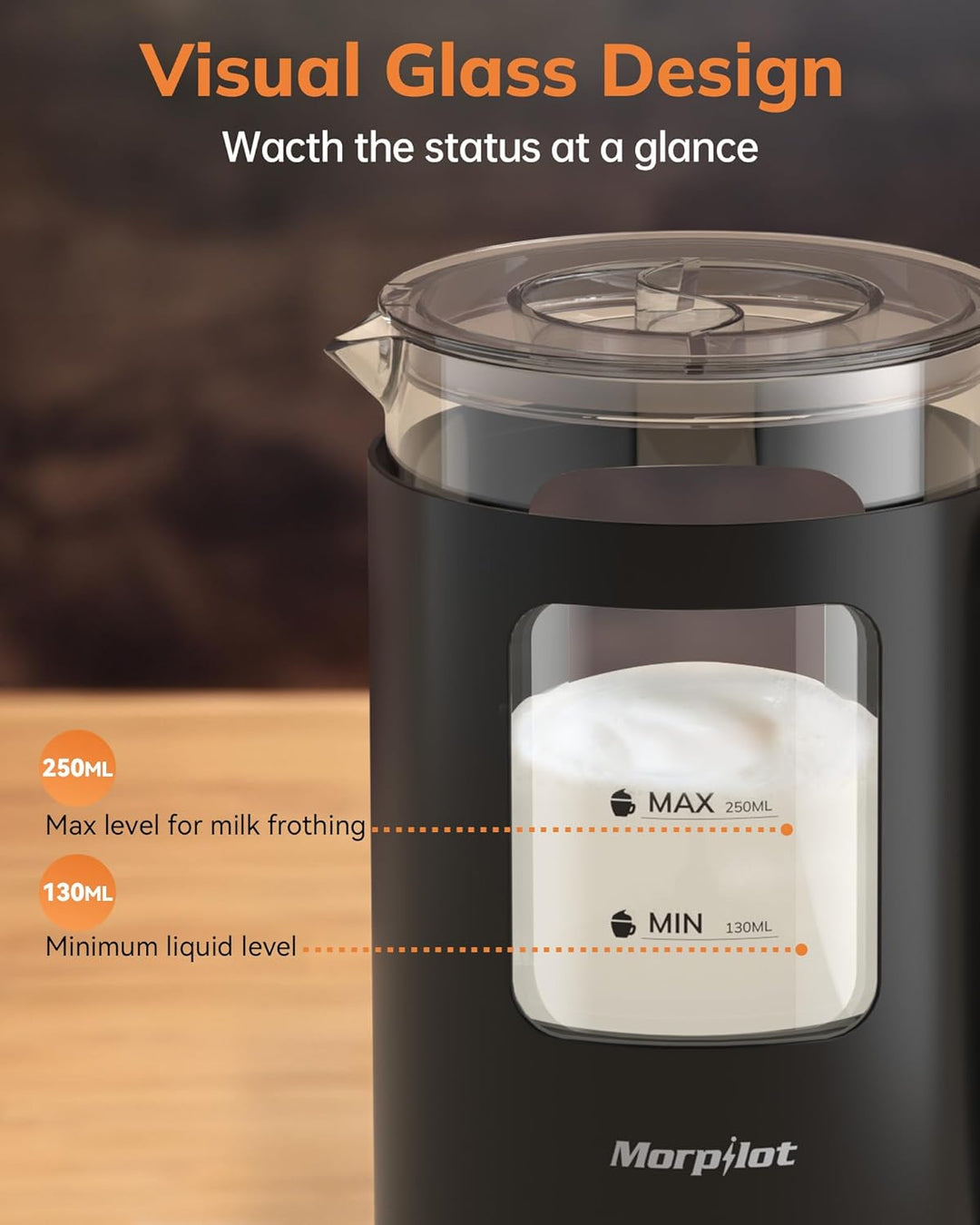 Morpilot Milchaufschäumer Elektrisch, 130-600ml 550W, 4 in 1 Milchschäumer für Heisser und Kalter, V