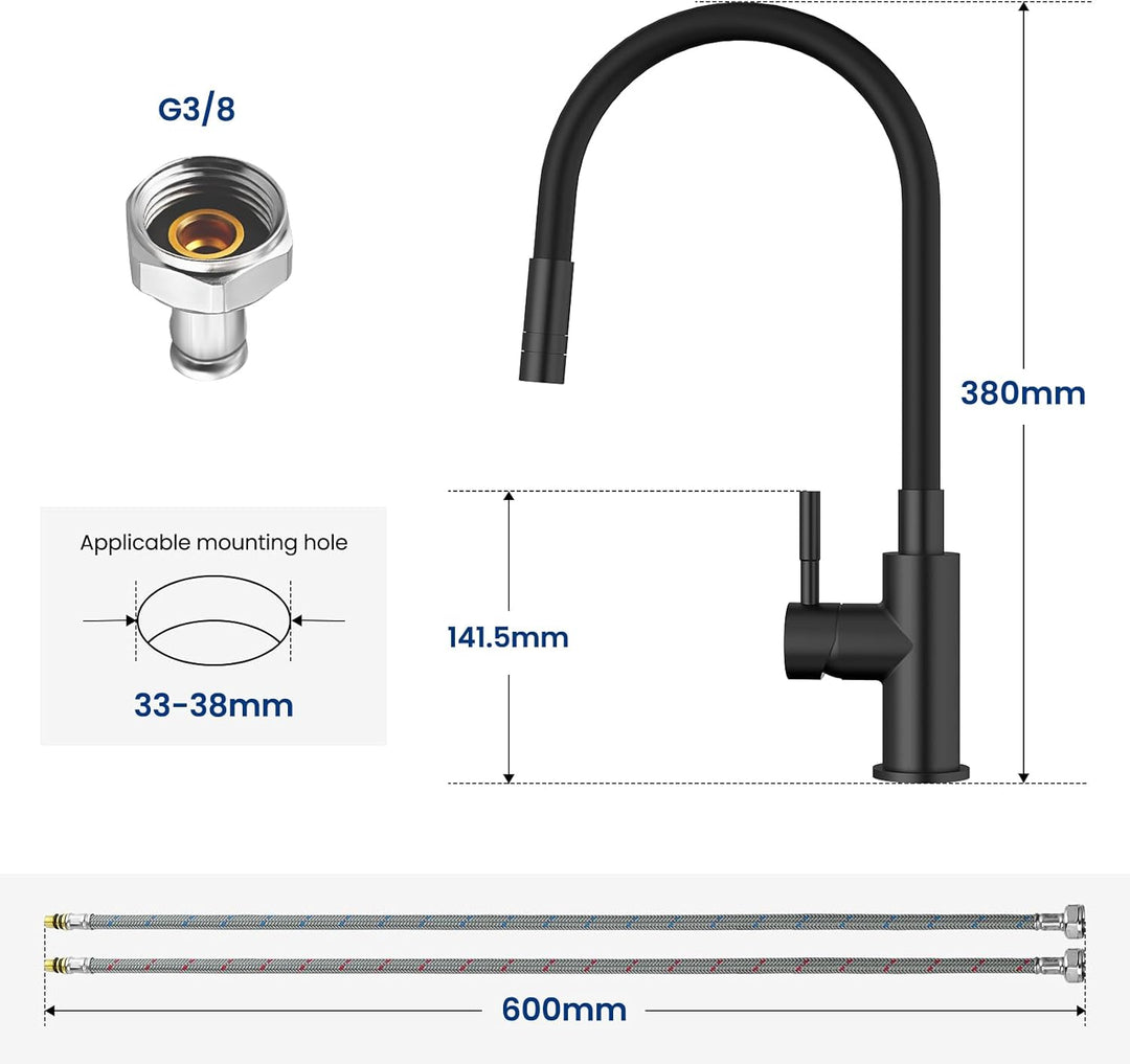CECIPA Flexibler Wasserhahn, schwarz, für die Küche, mit 2 Strahlarten, Einhebelmischer, klappbar, W