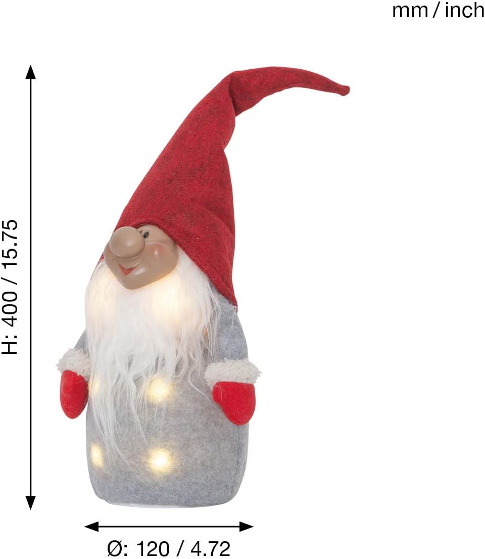 EGLO LED Weihnachtsdeko, Leuchtfigur Wichtel aus Stoff mit Kunststoffkörper in Grau, Weiss und Rot,