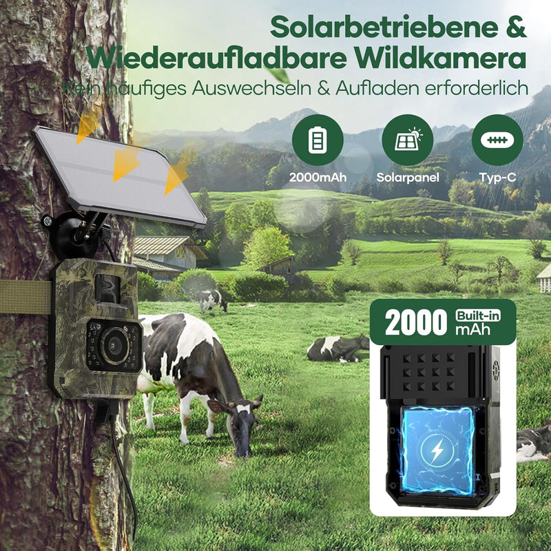 Assark Wildkamera mit Handyübertragung App, 48MP 30fps Solar WLAN Bluetooth Wildkamera mit Bewegungs