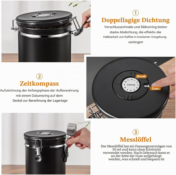 Kaffeedose Luftdicht, 2,8 L Kaffeebohnenbehälter Vakuum, Kaffeebohnen Behälter mit CO2-Ventil und Me