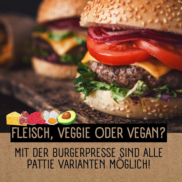 Burgerpresse mit 100 Blatt Burger Papier, 4 Patty Grössen inkl. Gefüllte Patties und XXL, Burger Pat