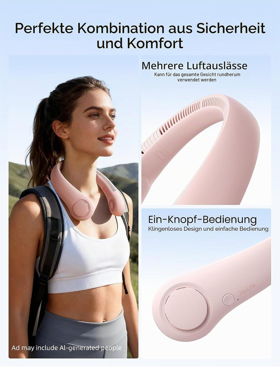 JISULIFE Tragbarer Nackenventilator, Hals-Ventilator ohne Flügel, 5 Geschwindigkeiten, 4000 mAh Batt