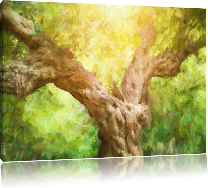 Pixxprint Mächtiger Baum im Wald Kunst Pinsel Effekt, Format: 100x70 auf Leinwand, XXL riesige Bilde