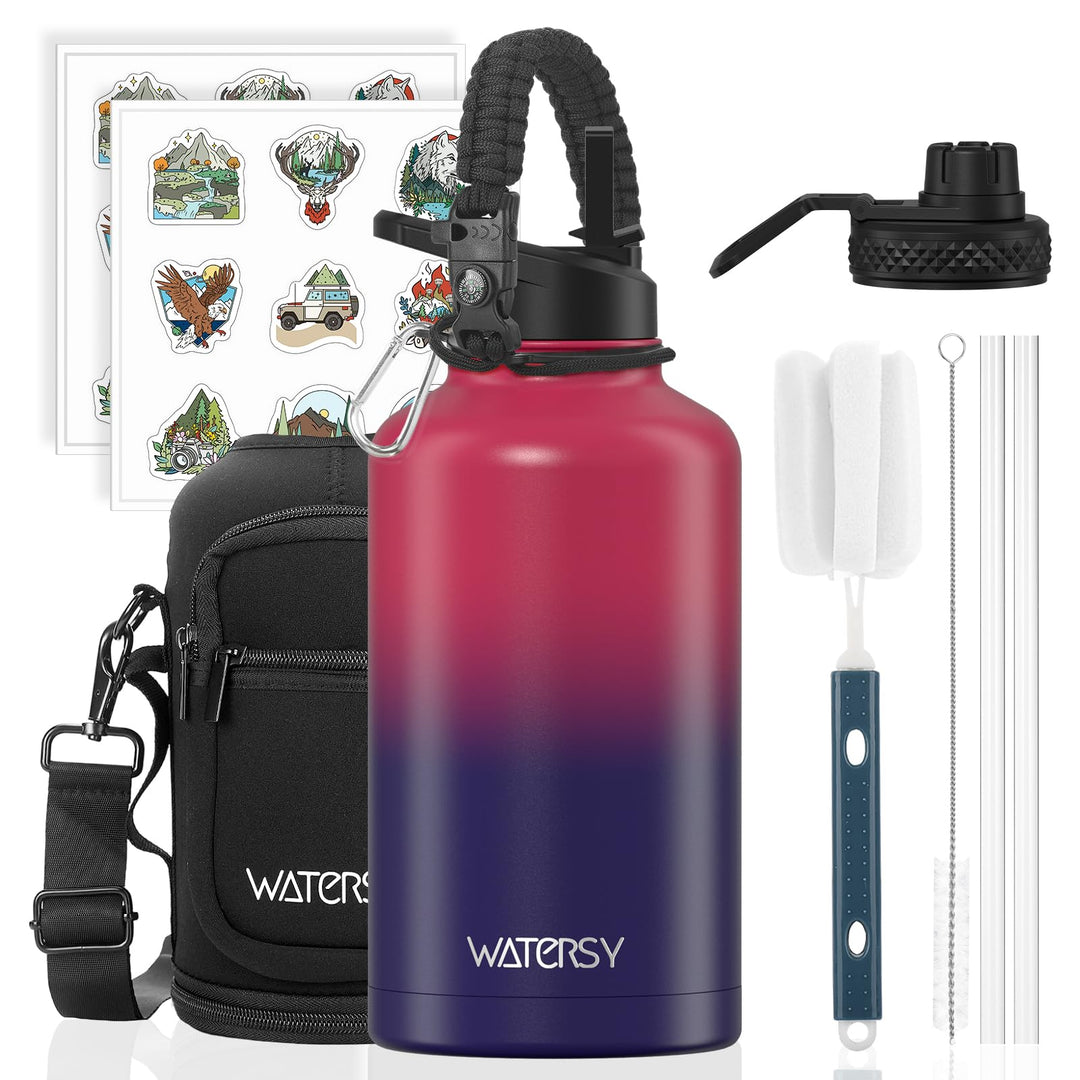 WATERSY Isolierte Edelstahl Trinkflasche 64oz Vakuumisolierte Thermosflasche mit 2 Deckel Auslaufsic