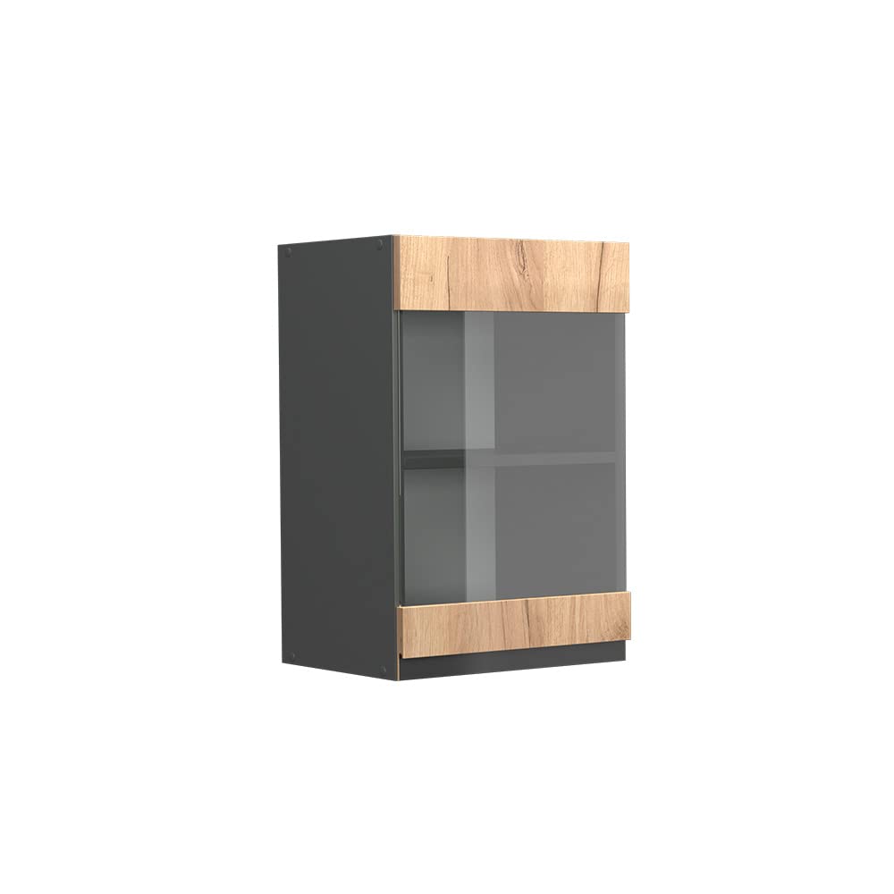 Vicco Küchenschrank Glas R-Line, Goldkraft Eiche/Anthrazit, 40 cm J-Shape Goldkraft Eiche Hängeglass