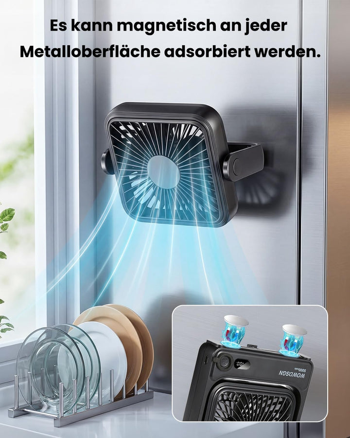 WOWDSGN Tischventilator USB 𝐦𝐢𝐭 𝐒𝐭𝐚𝐫𝐤𝐞𝐦 𝐌𝐚𝐠𝐧𝐞𝐭𝐟𝐮ss &amp; LED-Display, 𝟓𝟎𝟎𝟎𝐦𝐀𝐡 𝐀𝐤𝐤𝐮 Ventilator tragbar, 𝟒