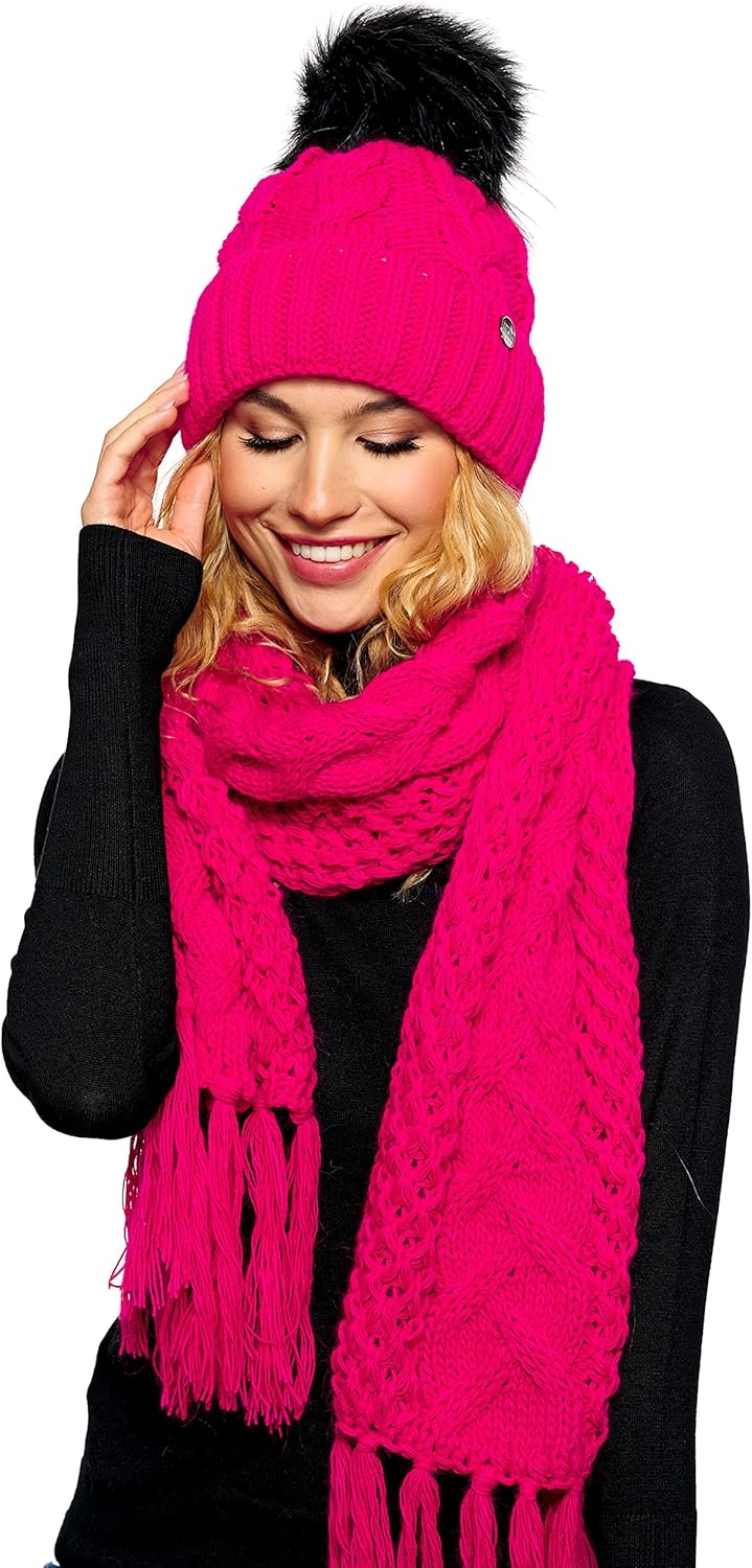 ELIMELI® Winter Mütze Damenmütze mit Fell-Bommel Fleece Innenfutter gefüttert - warme Damen Bommelmü