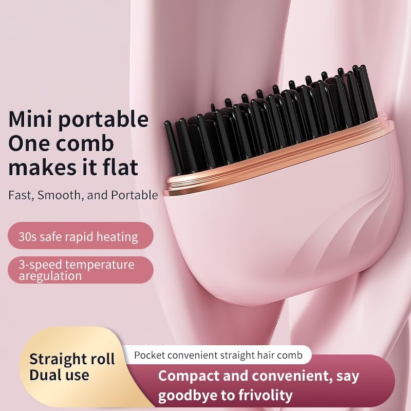 Mini-Haarglätterbürste, 2-in-1 kabellos & tragbarer Haarglätter und Volumen-Heiκκamm, 30s Schnellauf
