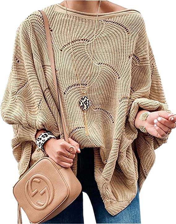QUNERY Strickpullover Damen Winterpullover Knitted Rundhals Lose Pulli Damen Oversize Fledermausärme