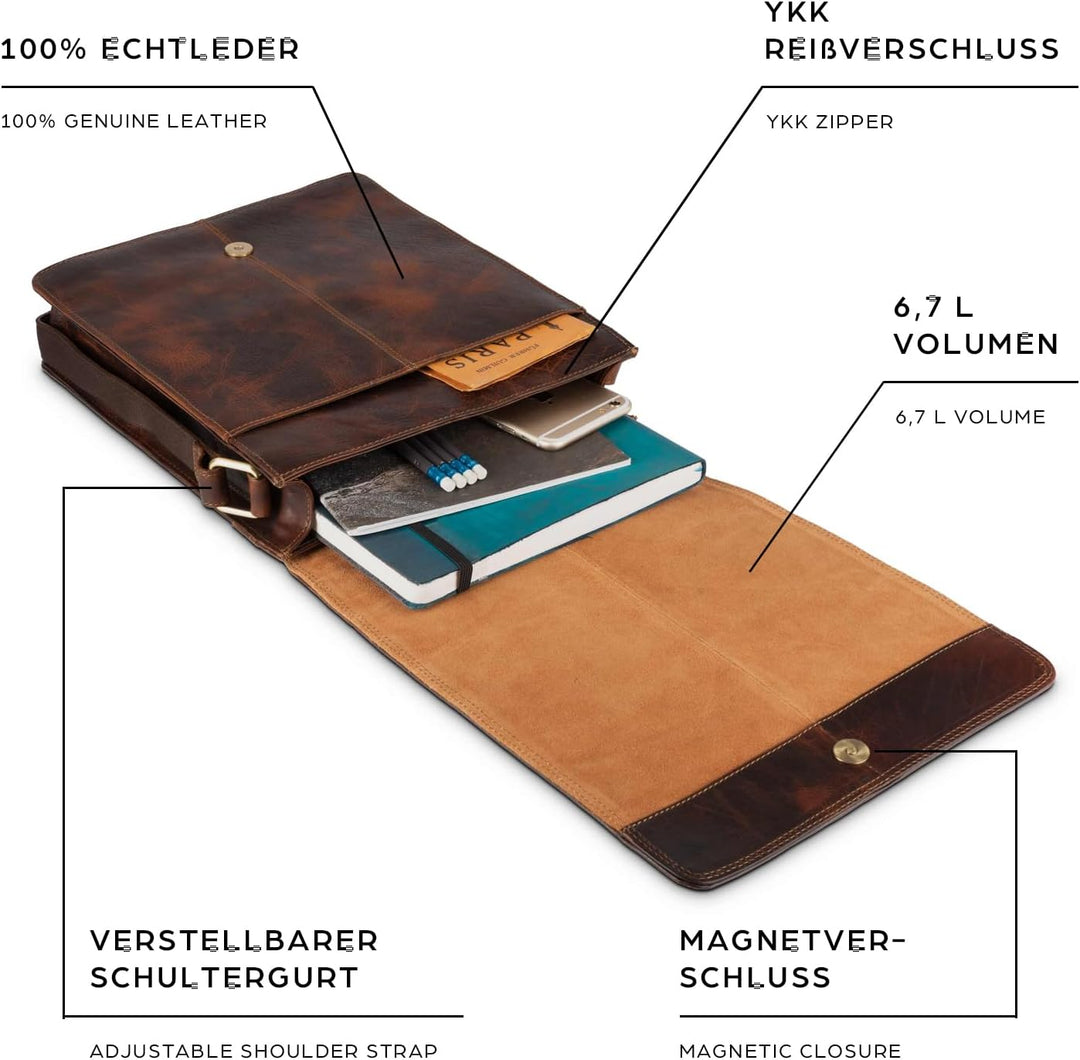 LEABAGS Leder Messenger Bag, London Vintage Herren Umhängetaschen, Echtleder Aktentasche Laptoptasch