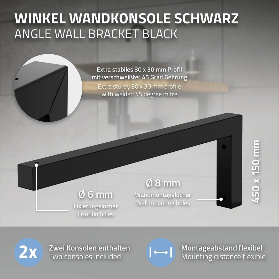ML-Design 2er Set Wandkonsole Winkel L-Form für Waschtisch, 450x150 mm Schwarz Stahl, Design Waschti