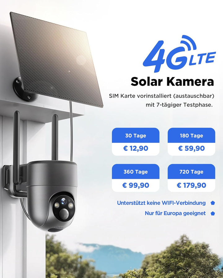4G LTE Überwachungskamera Aussen Solar mit SIM Karte, 2K Kamera Überwachung Ohne WLAN Outdoor Akku m
