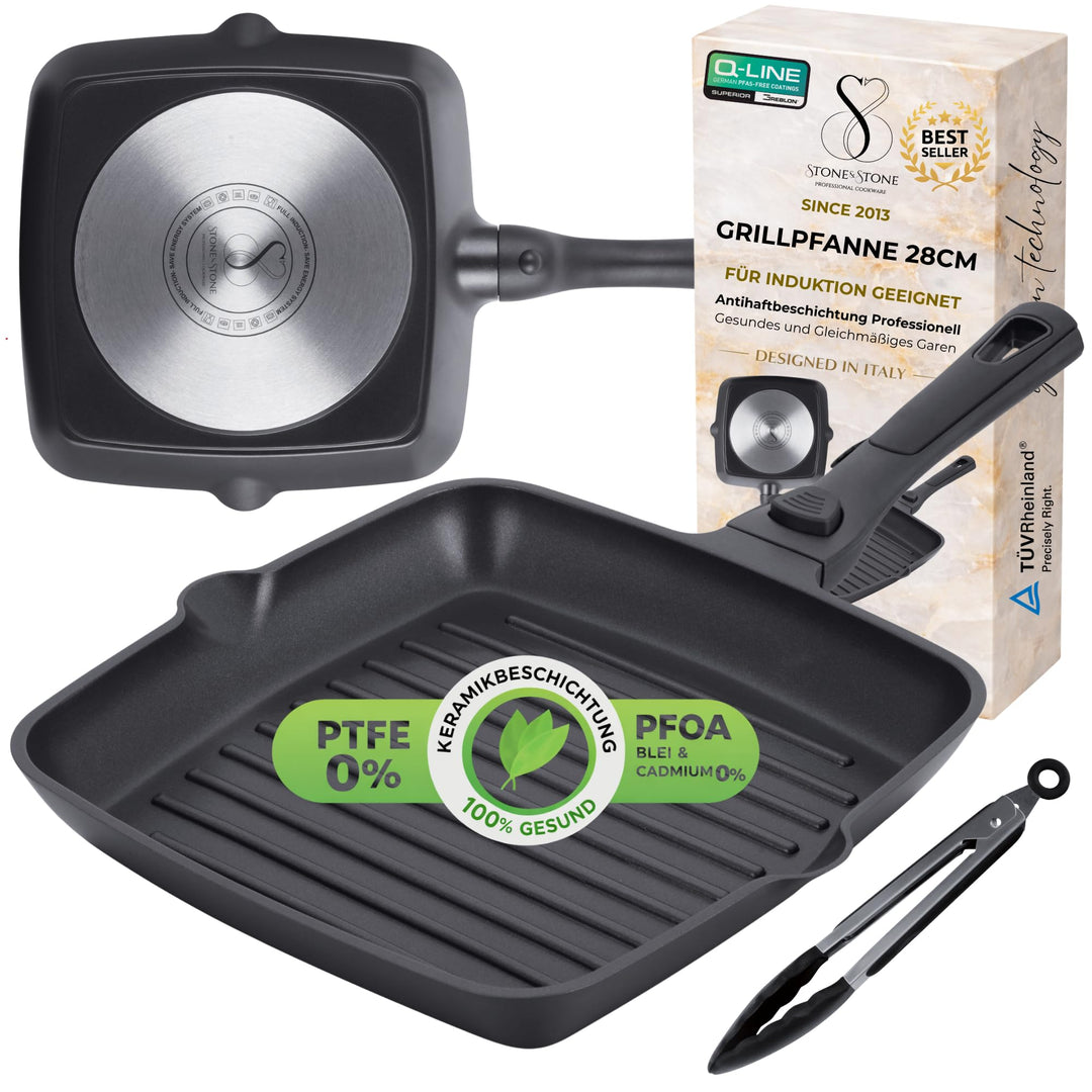 Stone&Stone Quadratische Grillpfanne 28x28 cm | Profi Bistecchiera | Deutsche Antihaftbeschichtung G