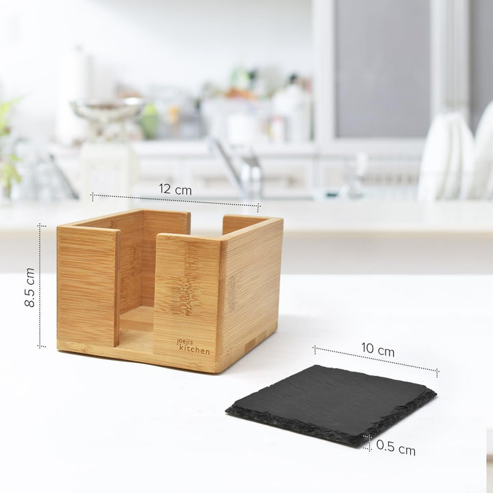 Joeji's Kitchen 10er Set Stein Schiefer Untersetzer für Getränke mit Bambus Halter - Hitzebeständige