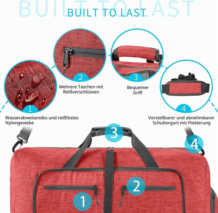 Vomgomfom 85L Reisetasche mit Schuhfach, Grosse Falttasche für Camping, Reisen, Fitness, Rot F Rot 8