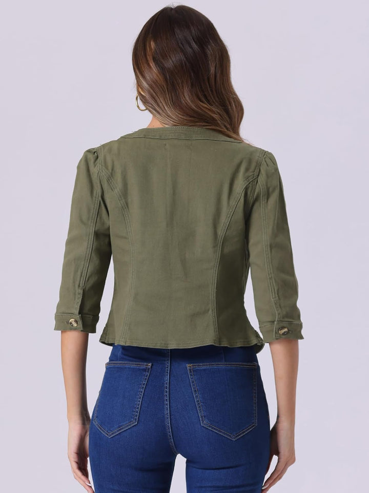 Allegra K Damen Jeansjacke 3/4 Ärmel Open Front Kragenlos Jacke mit Taschen M Armeegrün, M Armeegrün