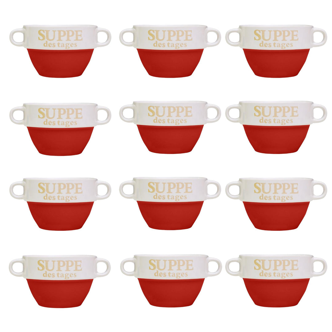 DRULINE 12 Stück Suppentasse aus Keramik mit Schriftzug Suppe des Tages Ø 13 cm Rot 12 Stück Rot, 12