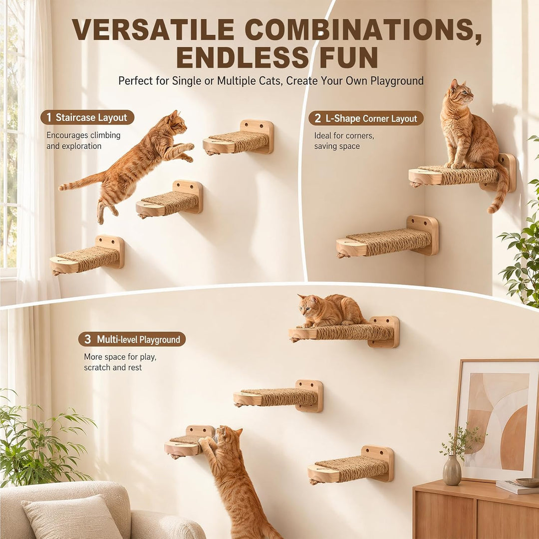Katzentreppe Wand 2 Stück, Kletterwand Katzen, Katzenbretter mit Juteseil zum Kratzen, Katzentreppe