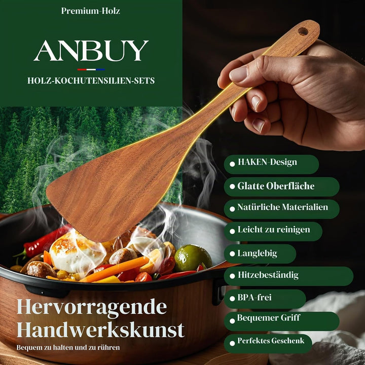 ANBUY Teakholz-Küchenutensilien-Set, hochbeständige Holzlöffel zum Kochen, antihaftbeschichtet, Koch