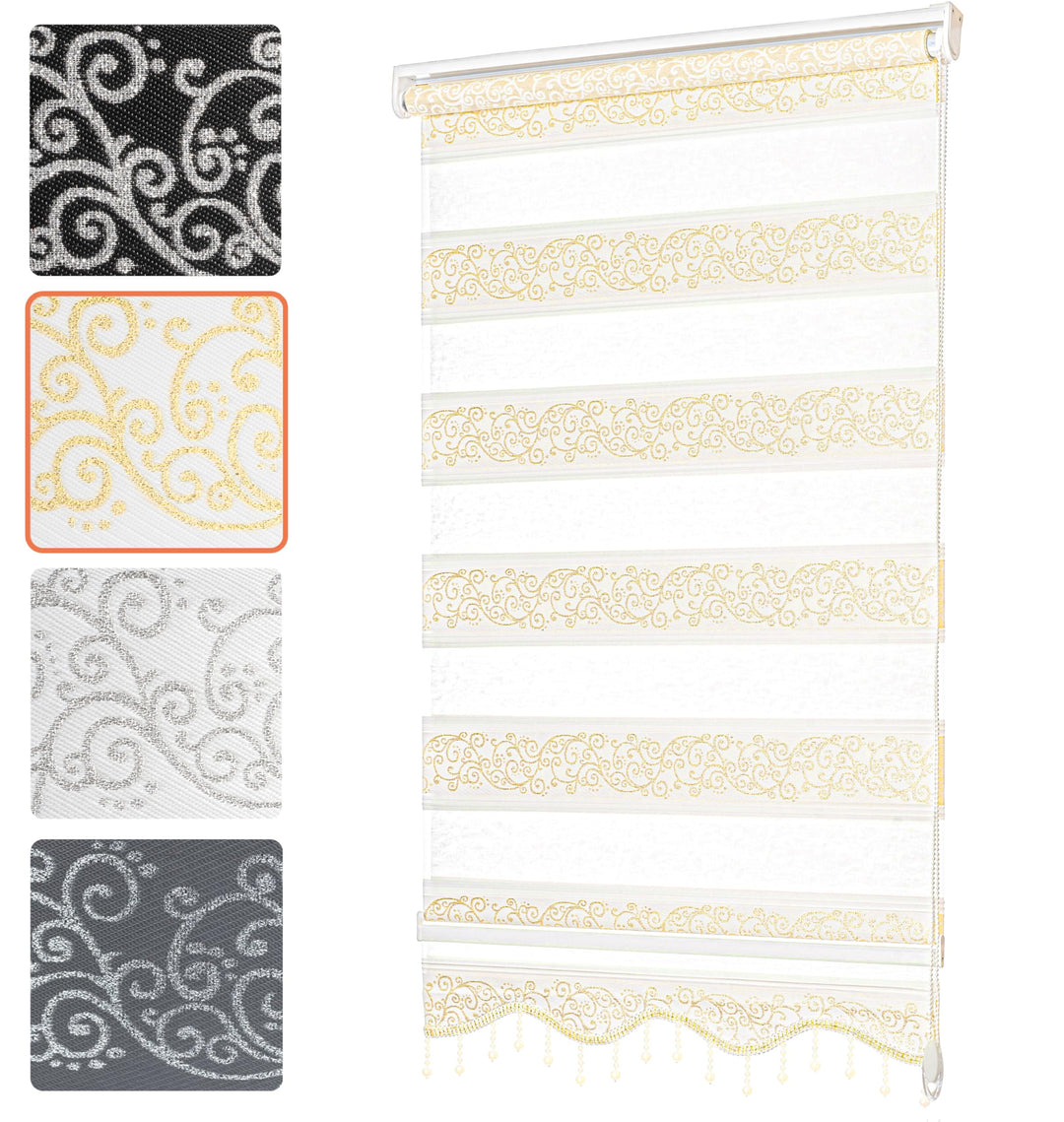 Bailena Doppelrollo ohne Bohren 4in1 Klemmfix Duo Rollos mit Muster Ranken Blumen Motiv mit Perlen G