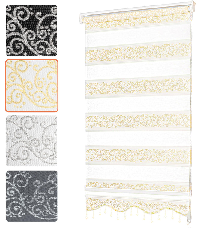 Bailena Doppelrollo ohne Bohren 4in1 Klemmfix Duo Rollos mit Muster Ranken Blumen Motiv mit Perlen G