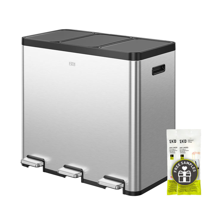 EKO Essential Mülleimer 3 Fächer, 3 x 20 L, Mülltrennsystem Küche, inklusive 20 Müllbeutel, Tretmüll