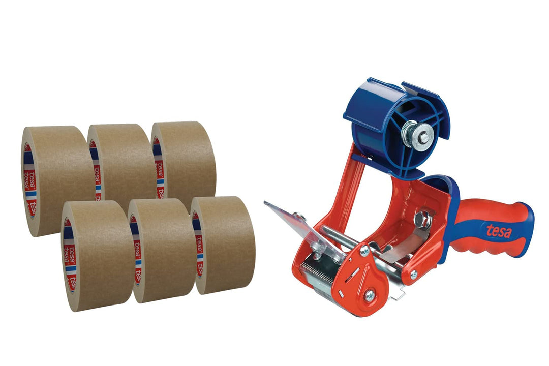 6 Rollen tesa 4713 Papier Packband + tesa 6400 Handabroller | Papierklebeband + Packband Abroller