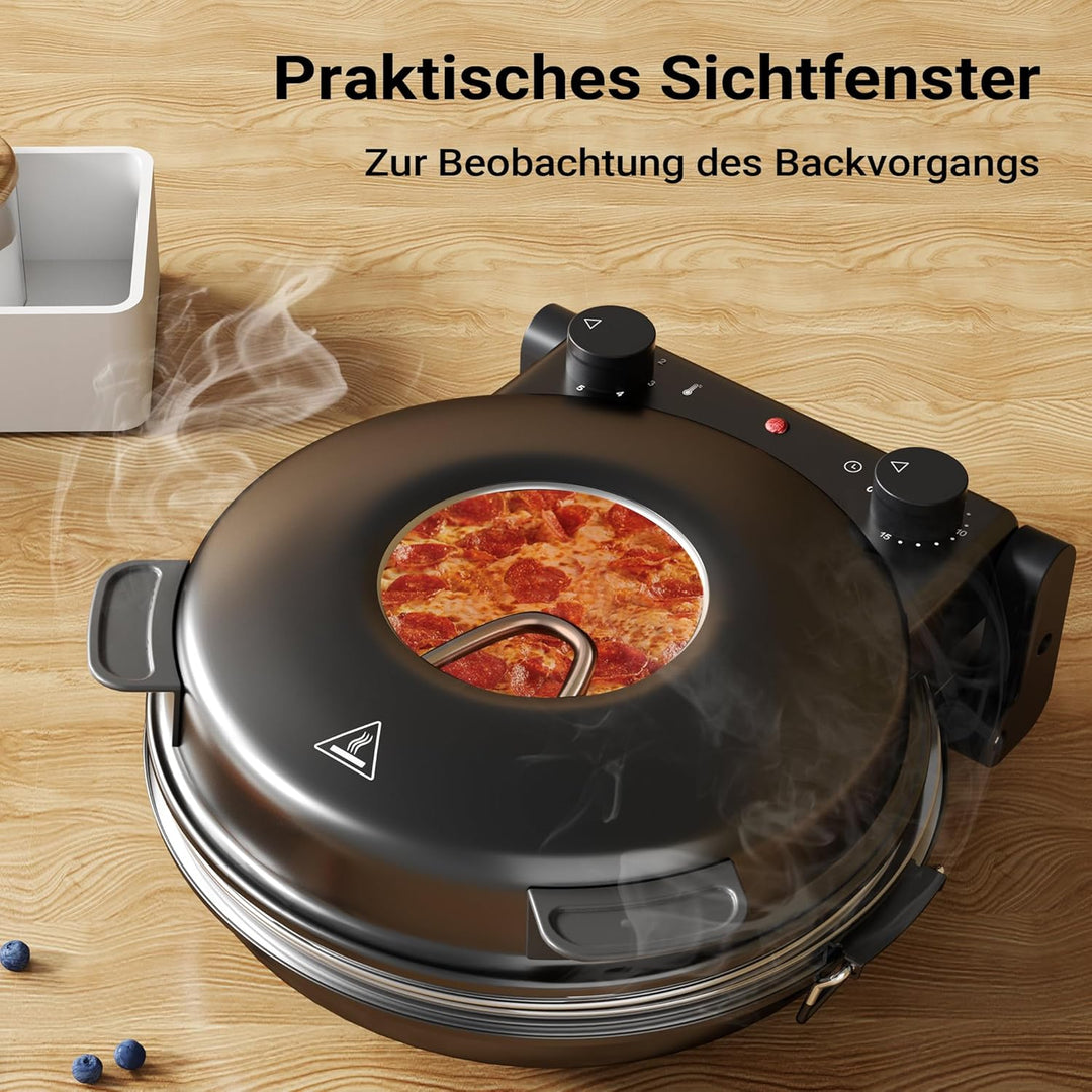 Wiltec Pizzamaker mit Keramiksteinplatte Ø32cm und Sichtfenster, Zwei Heizelemente max. 400°C, mit
