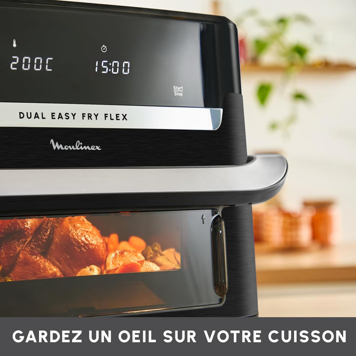 Moulinex Dual Easy Fry Flex, Luftfritteuse mit FlexCook Trennwand, 9 l Fassungsvermögen für bis zu 8