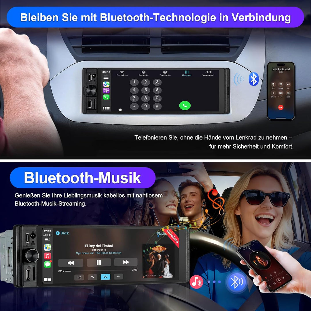 1Din Car Radio with Wireless Carplay &amp; Android Auto, Bluetooth Autoradio 1Din mit 6,28 Zoll HD IPS B