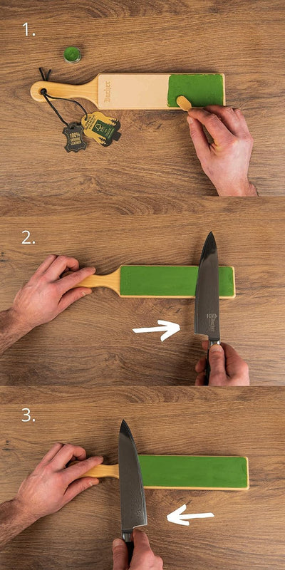 BACHER Premium Leder Streichriemen Abziehleder für Messer set mit 4 x 7g Polierpaste. Paddelgriff au