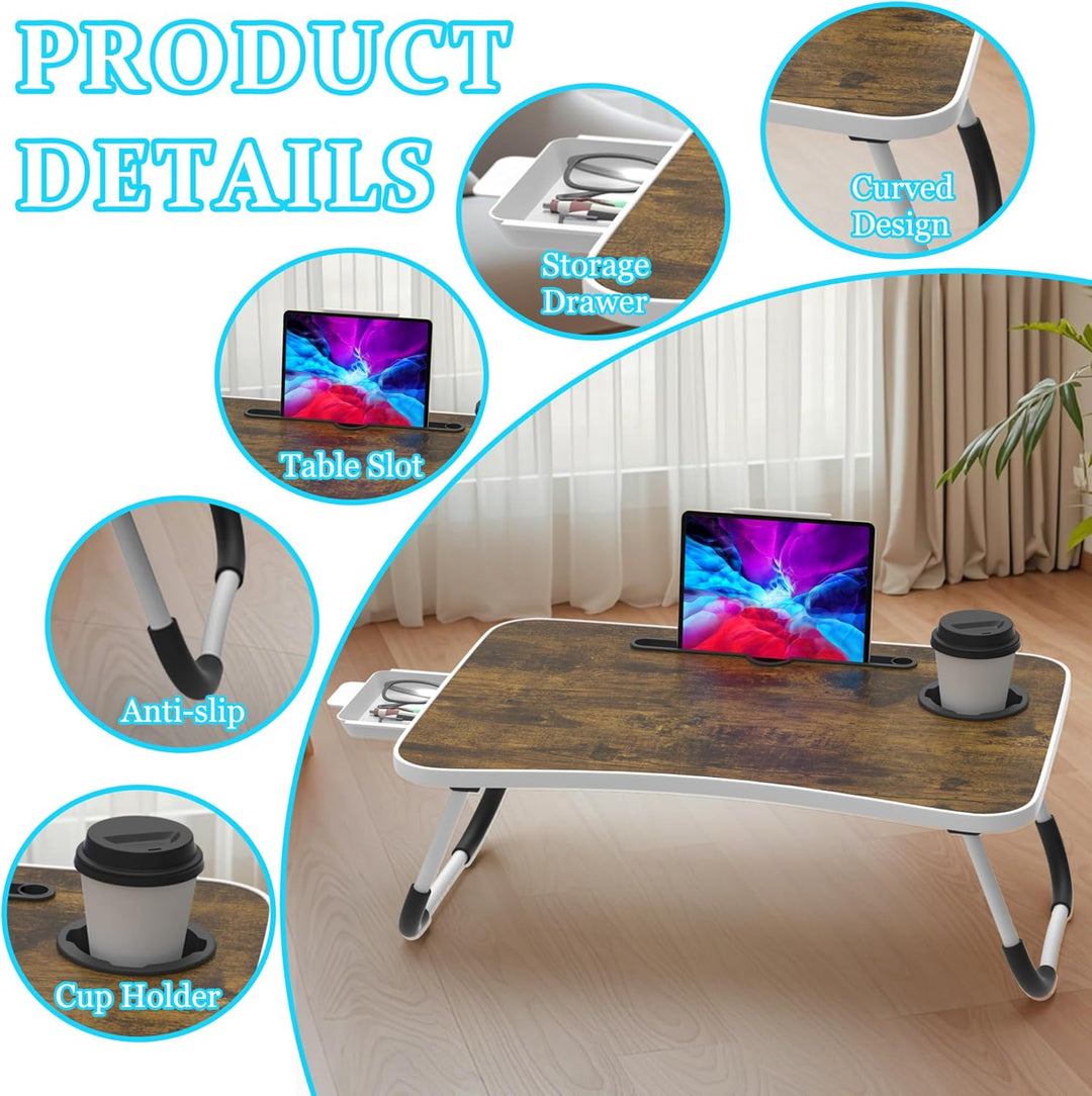 Soontrans Laptoptisch 60x40x28 cm, Laptop Tisch mit Schublade, Getränkehalter, Tablethalter, Klappba