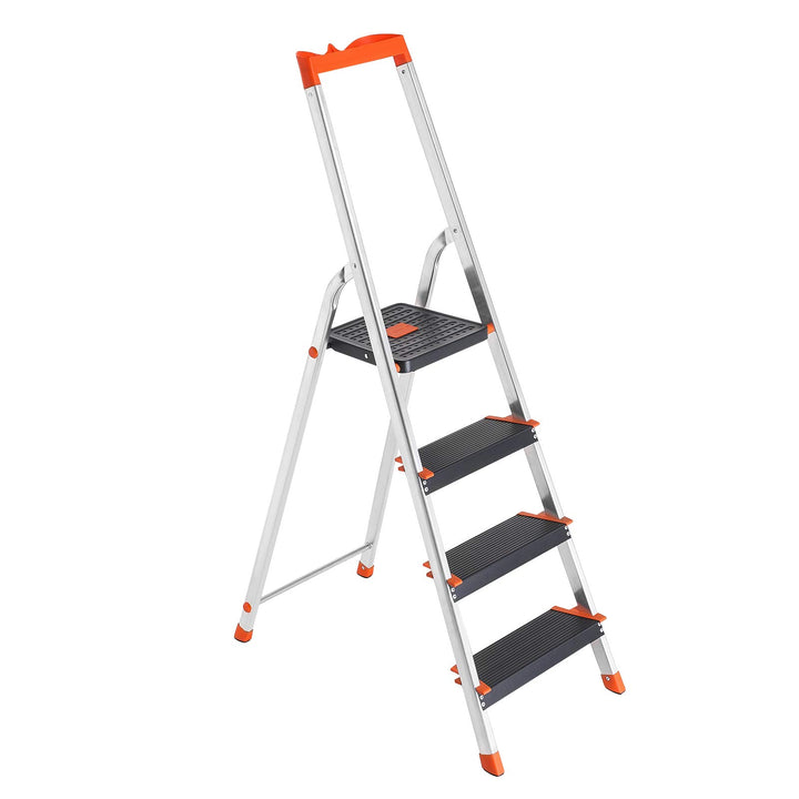 SONGMICS Leiter mit 4 Stufen, Aluleiter, 12 cm breite Stufen mit Riffelung, Anti-Rutsch-Füsse, mit H