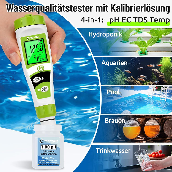 UIUZMAR Pool pH Messgerät Wasser, pH EC Messgerät Grow, Digitales pH EC PPM Temperaturtester mit pH7
