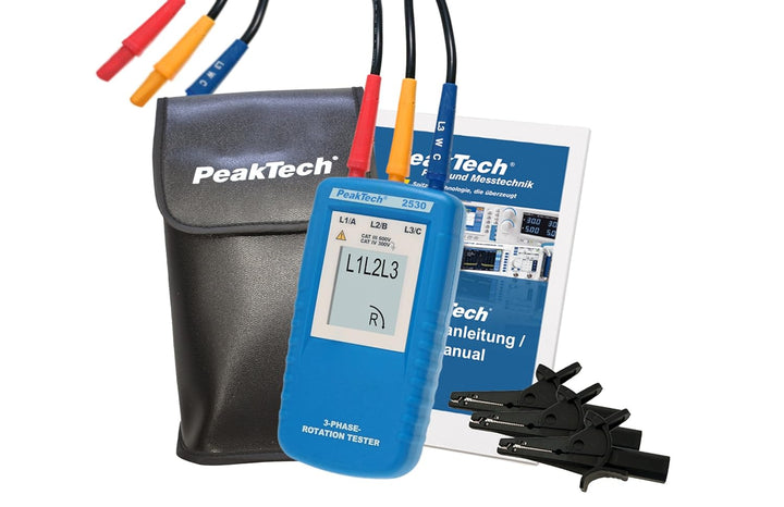 PeakTech 2530, 3-Phasen-Drehrichtungsanzeiger & Peak Tech P 8200 – Messzubehör Set für Digital Multi