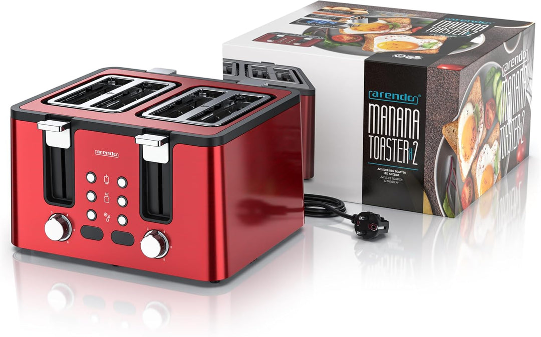 Arendo - Toaster 4 Scheiben Edelstahl - mit Brötchenaufsatz - 4 Schlitze - LED Anzeige Restzeitanzei