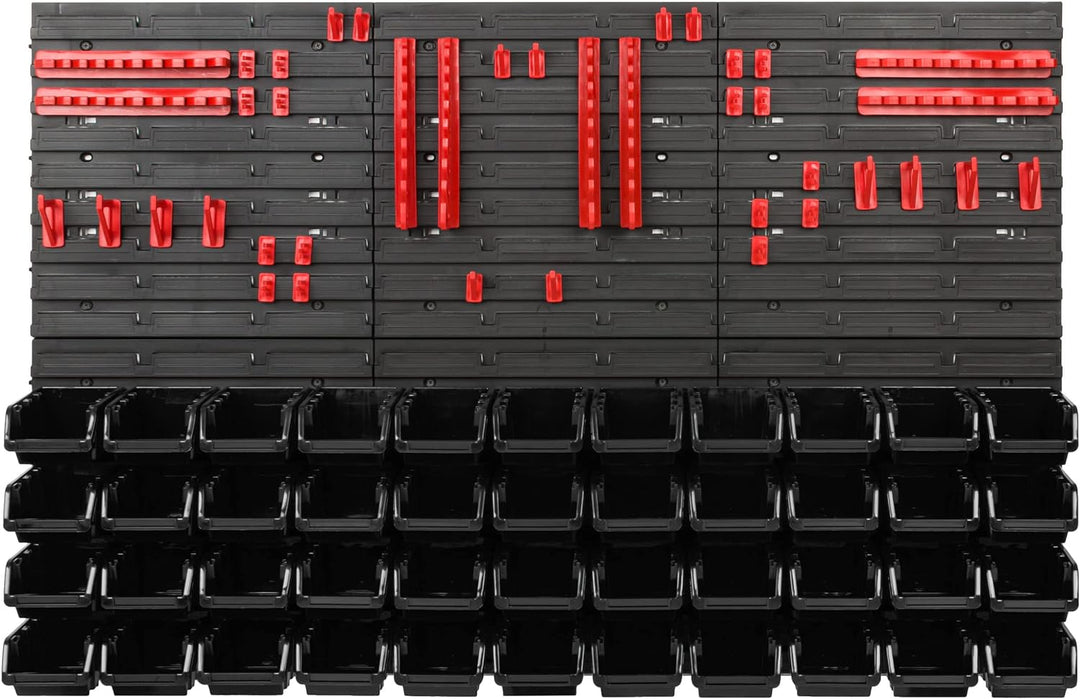 Lagersystem Werkstattregal | 117 x 78 cm | 44 stck. Box | Wandregal mit Werkzeughalterungen und Stap
